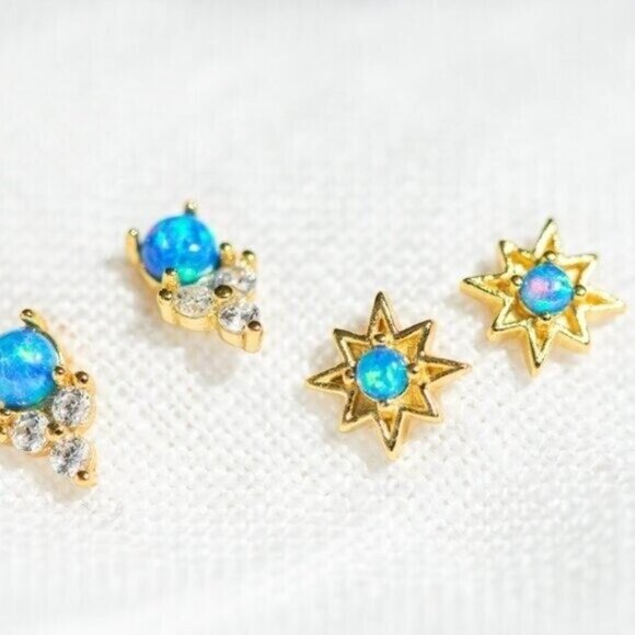 Opal Star Studs Blue opal Starburst Earrings North Star Studs Tiny Gold Studs - Picture 9 of 13
